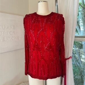 Vintage Red Beaded / Sequin Embellished Long Sleeve Blouse Top